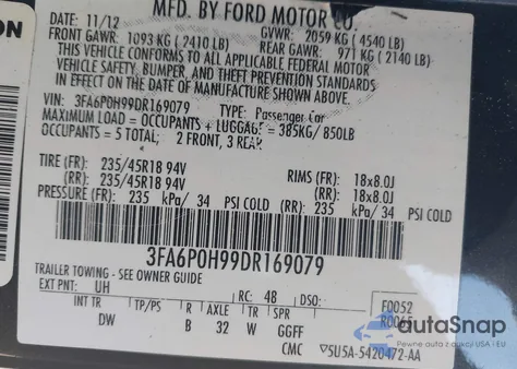 2013 Ford Fusion Se z USA, uszkodzony, nr VIN 3FA6P0H99DR169079